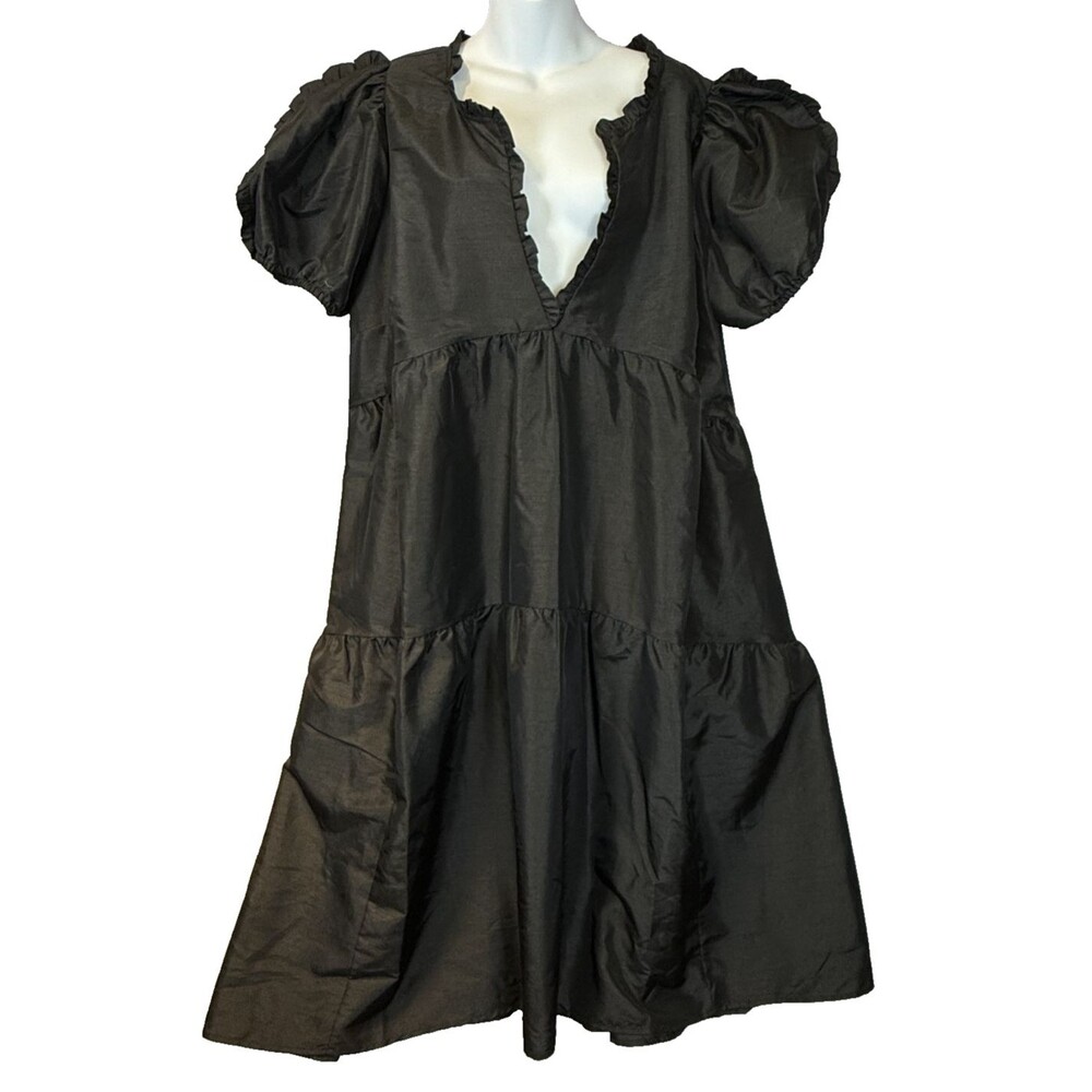 Kika Vargas Target Tiered Ruffle Puff Sleeve Airy Midi Pockets Dress Black 2XL